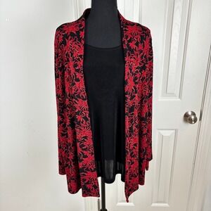 JM Collection Woman Red Black Floral Kimono Cardigan Open Front Duster 1X